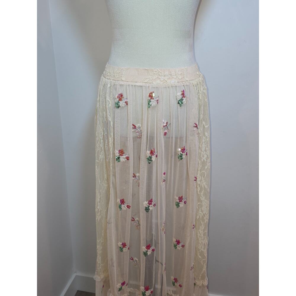 Sheer Skirt Small Cream Lace Embroidery Floral Whimsical Fairy Festival Keilah - Picture 8 of 10